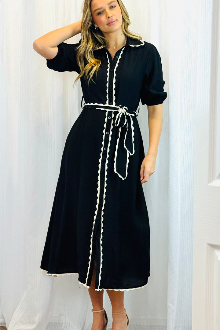 Shyla Shirt Dress in Black With White Trim