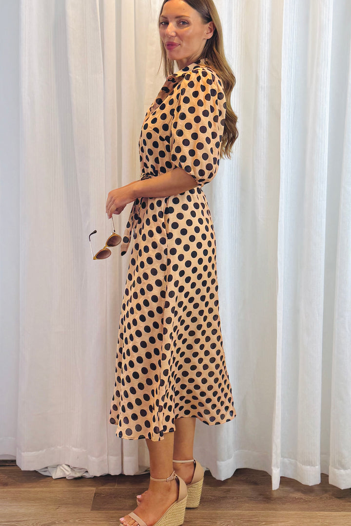 Fallon Polka Dot Shirt Dress in Tan