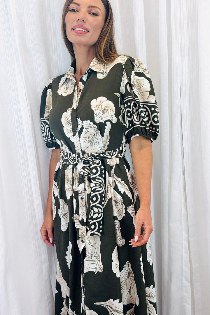 Pamela Multi Print Dress in Khaki