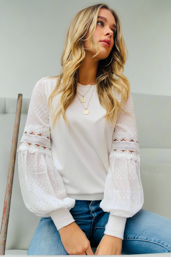 Molli Knit Top Detailed Sleeve in Off White