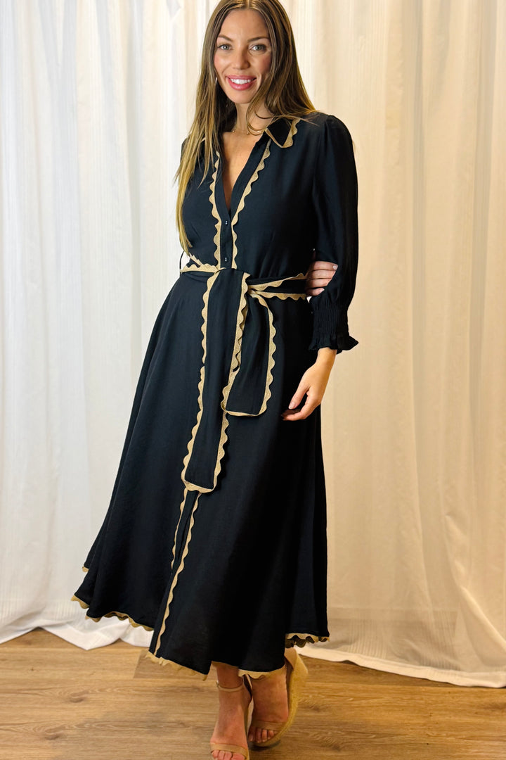 Shyla Midi Dress In Black With Tan Detail