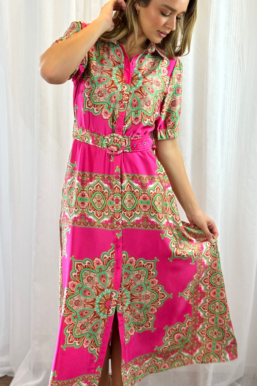 Angelina Hot Pink Embroidered Print Dress