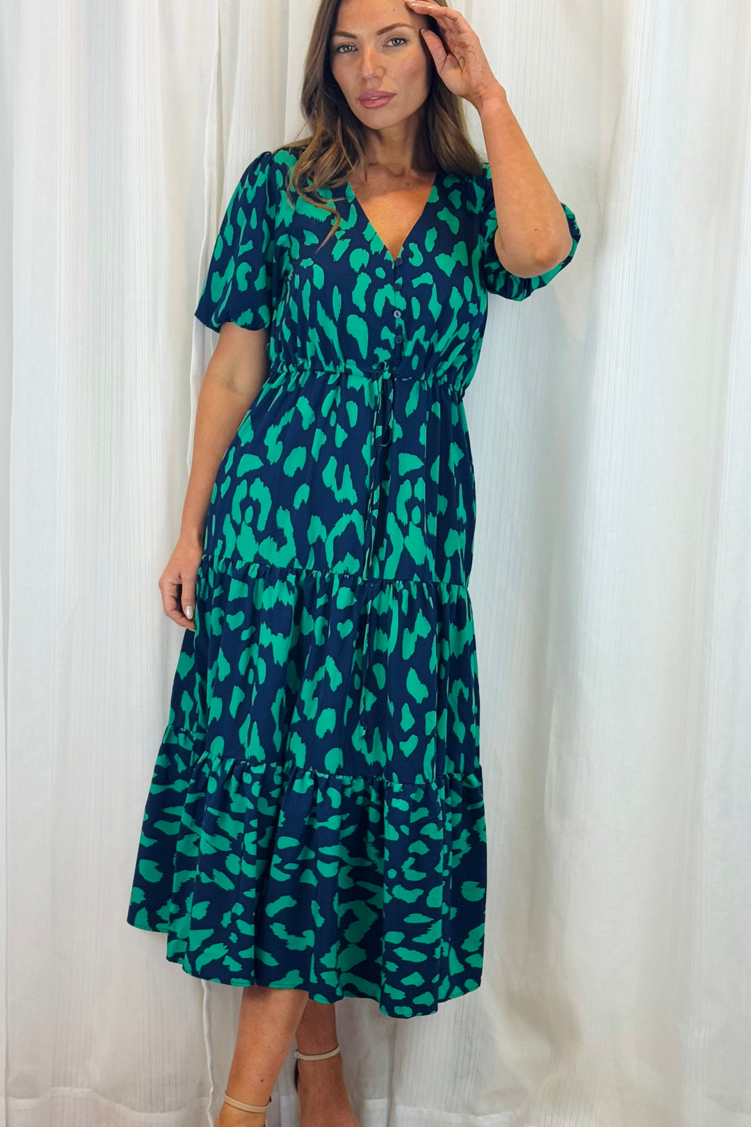 Molli Green and Navy Tiger Print Short Sleeve Dress
