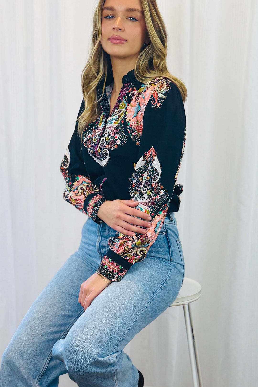 Gidget Embroidered Multi Print Shirt In Black