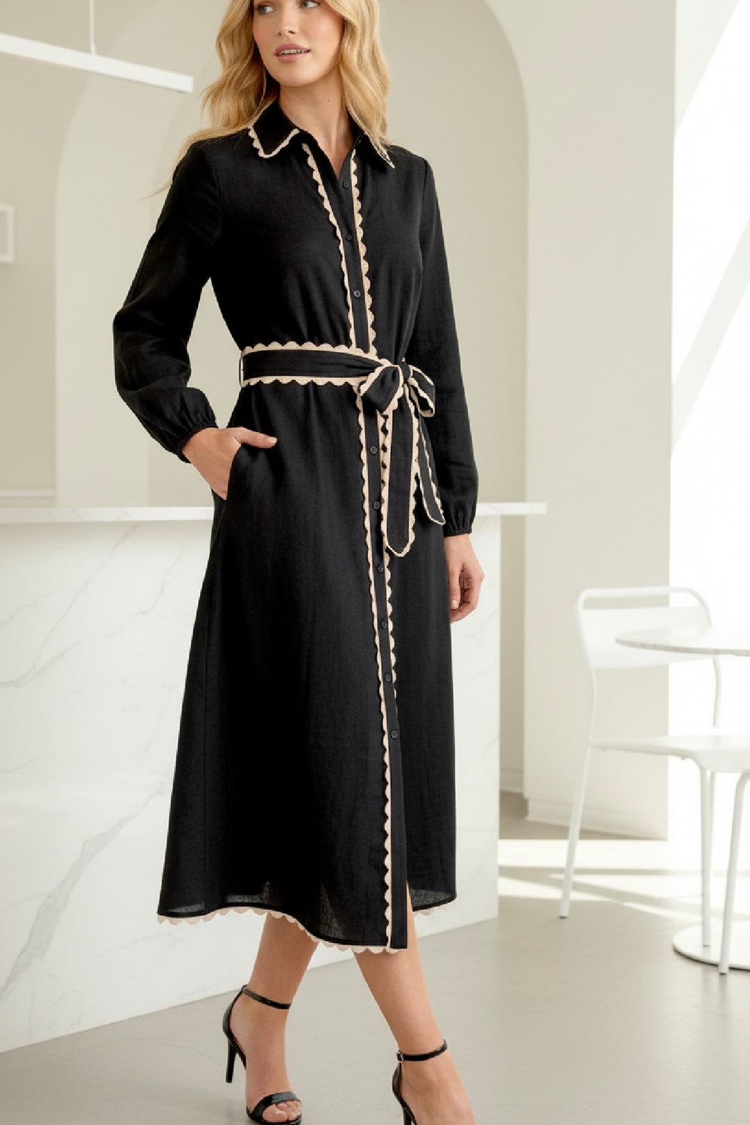 Shyla Long Sleeve Black Dress With Trim