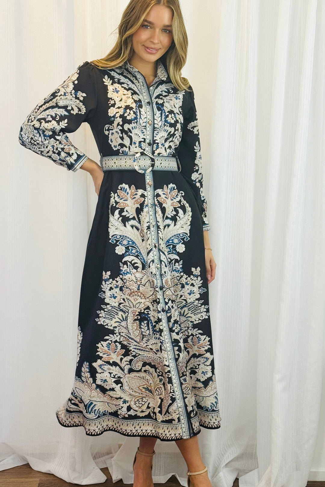 Lopez Embroidered Print Maxi Dress in Black