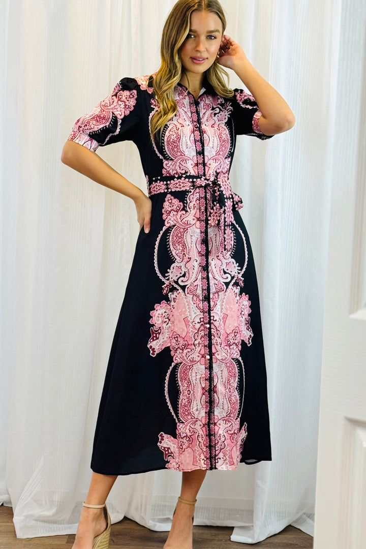 Eden Short Sleeve Dress With Pink Embroidered Print.