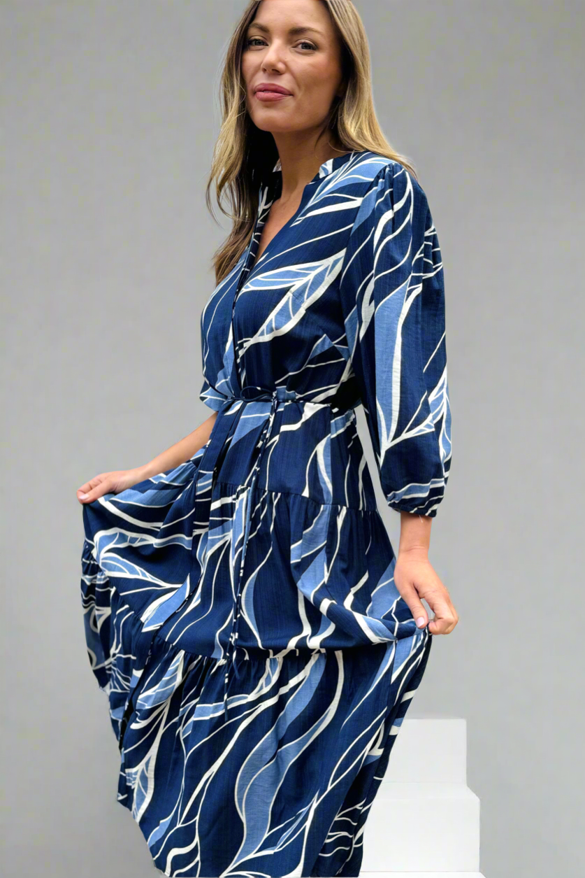 Vivienne Midi Dress  In Navy Print