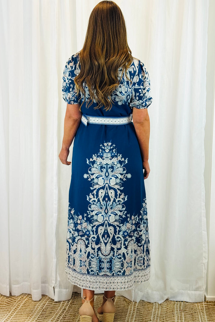 Lopez Embroidered Print Shirt Dress  In Navy