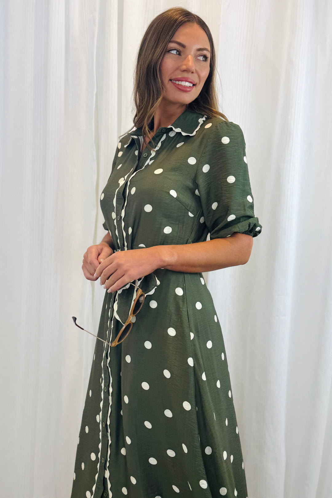 Shyla Polka Dot Dress in Khaki