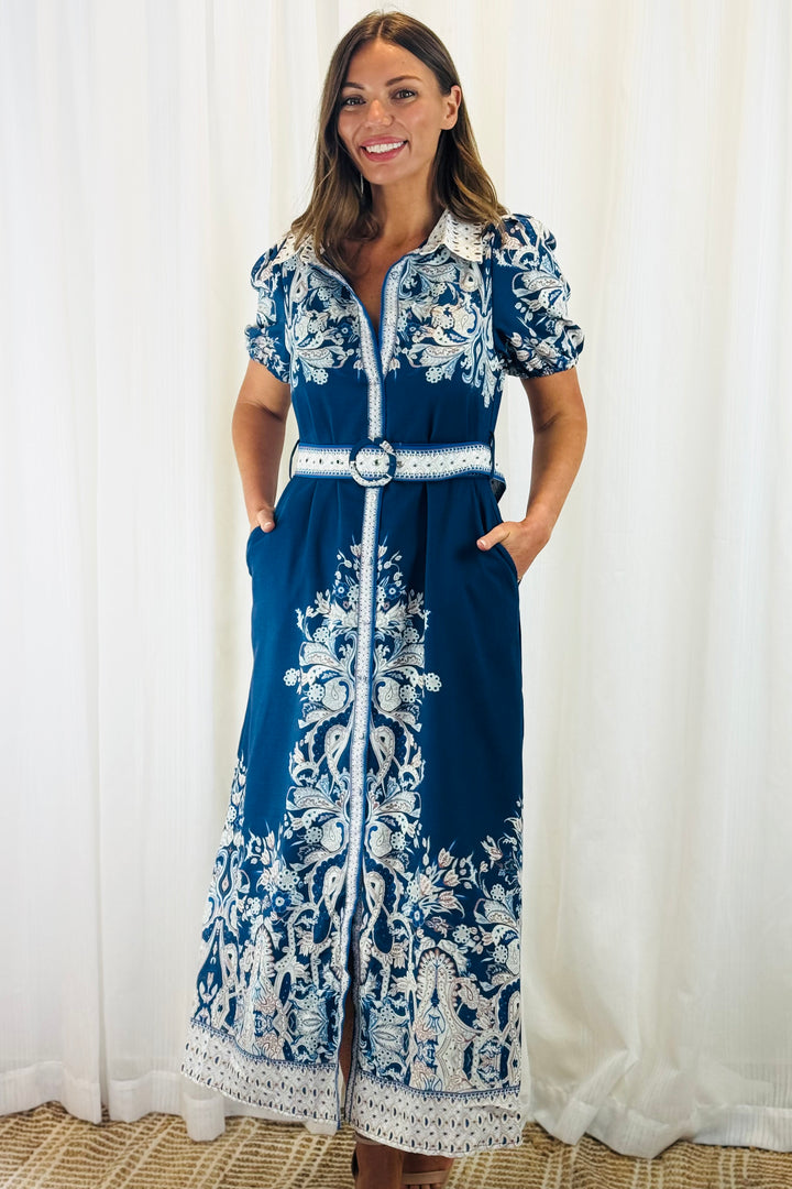 Lopez Embroidered Print Shirt Dress  In Navy