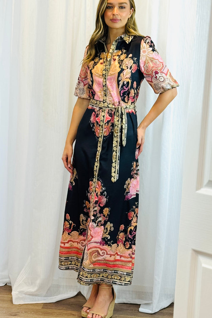 Portia Shirt Dress in Black Multi Print
