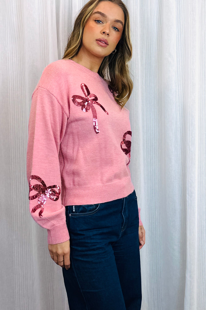 Morgan Knit Top in Rose Pink with Sequins