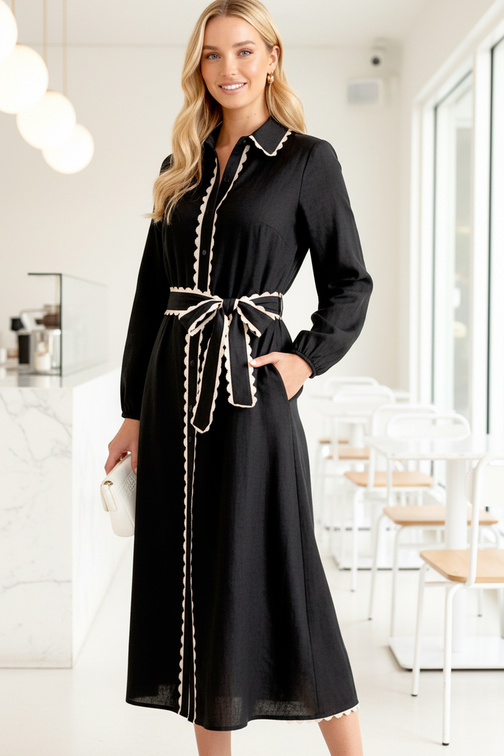Shyla Long Sleeve Black Dress With Trim