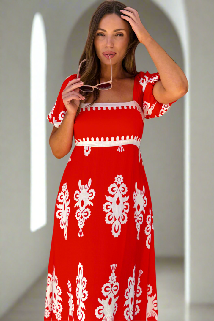 Bonnie Embroidered Print Dress in Red