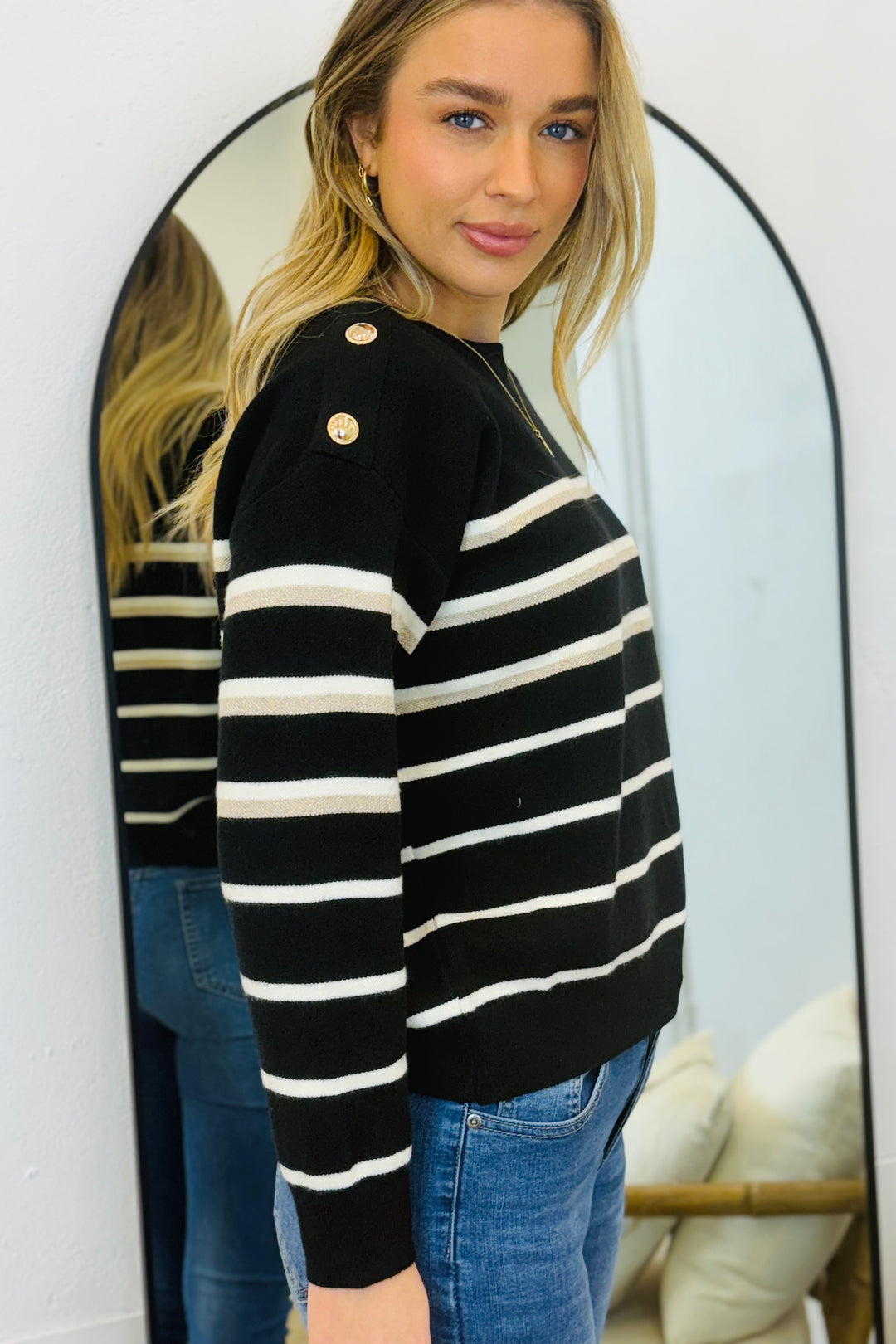 Carley Knit Top in Black and White Stripe with Gold Buttons