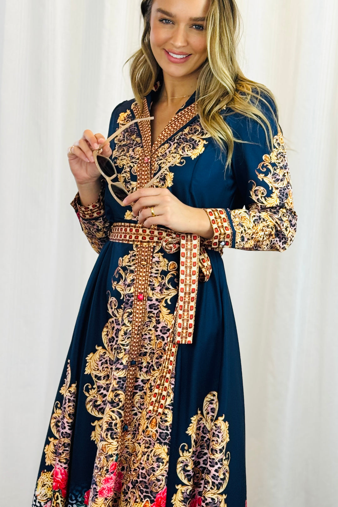 Catalina Navy Embroidered Print Maxi Dress