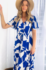 Santorini Midi Dress in Blue and White Print