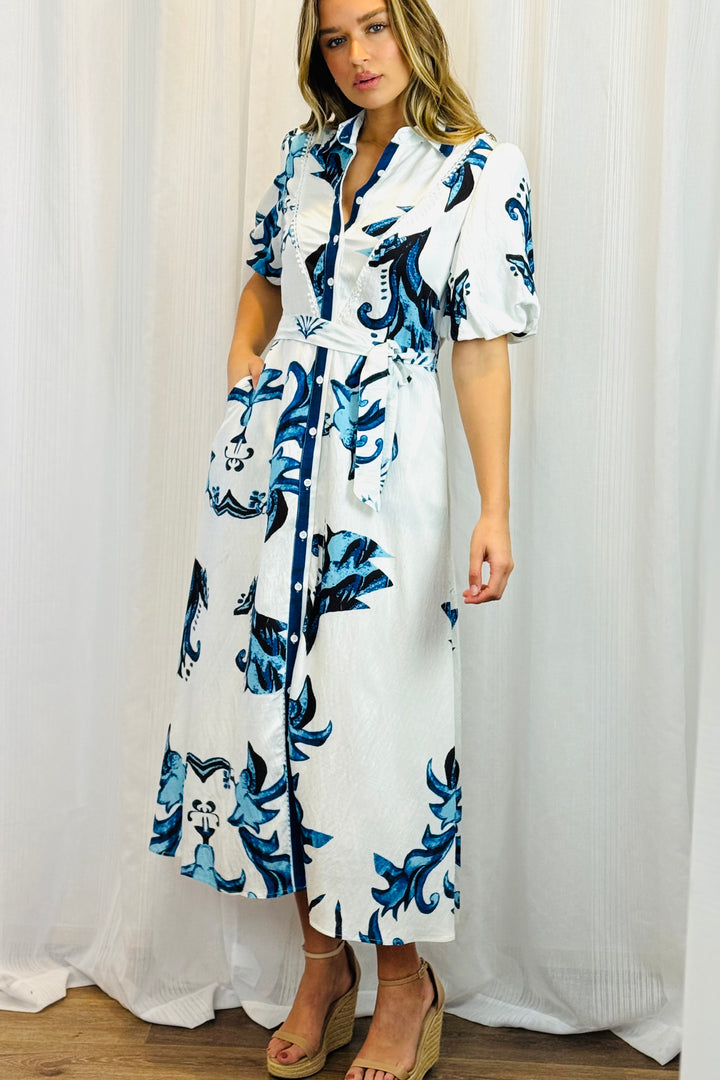 Morgan White And Blue Floral Print Shirt Dress