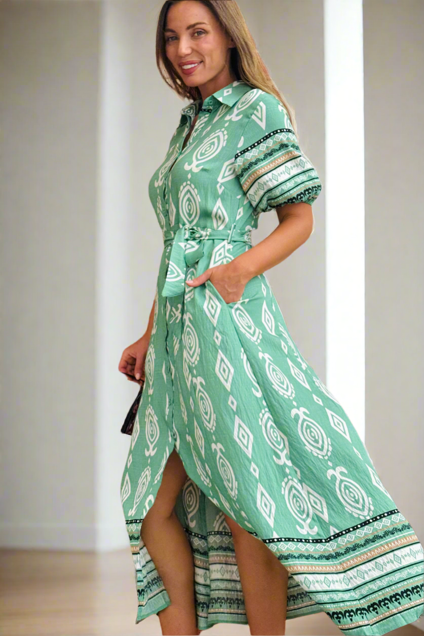 Erica Shirt Dress in Green  Batik Print