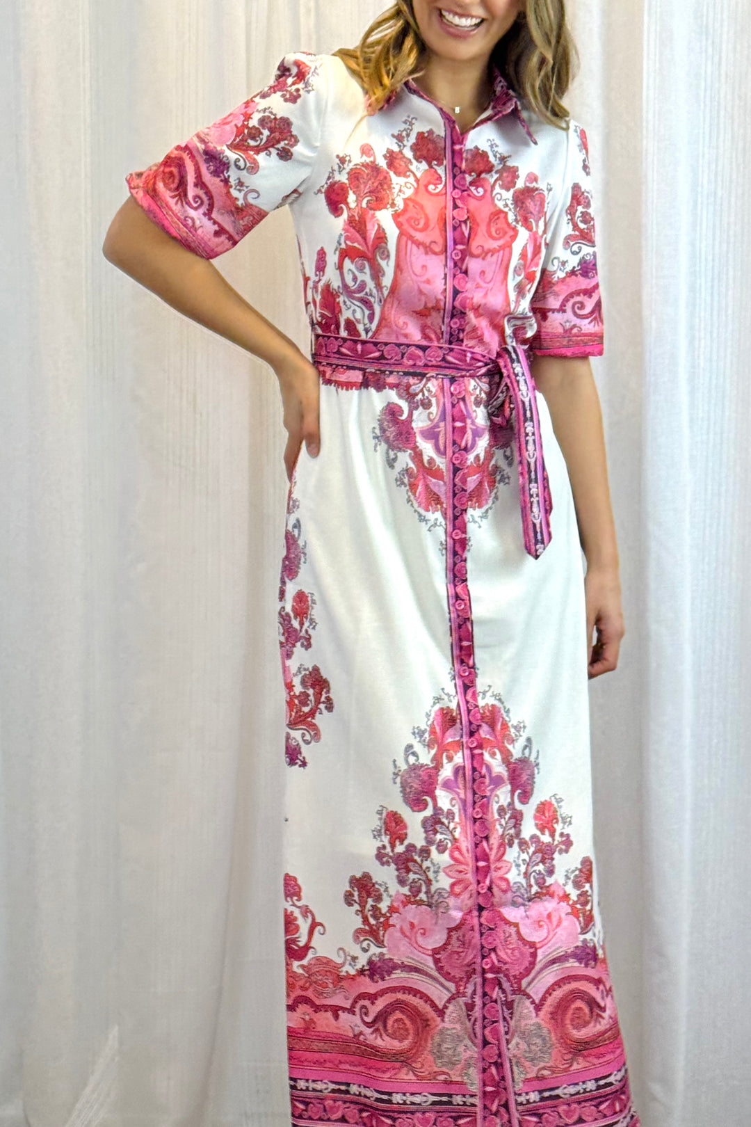 Portia Shirt Dress in White With Pink Embroidered Print