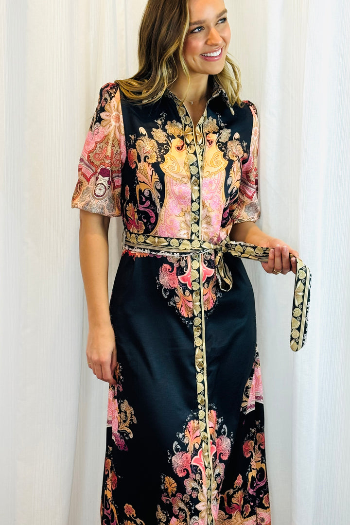 Portia Shirt Dress in Black Multi Print