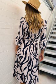 Khloe Long Sleeve Tiger Print Shirt Dress In Navy and White