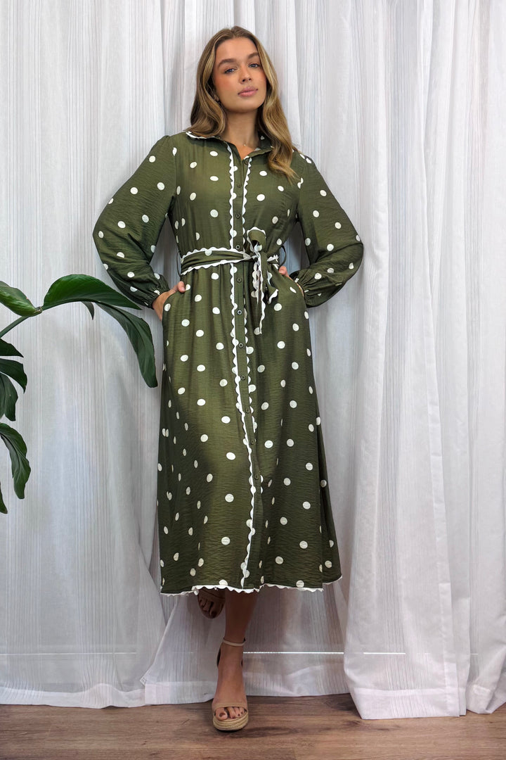 Shyla Long Sleeve Polka Dot Dress In Khaki
