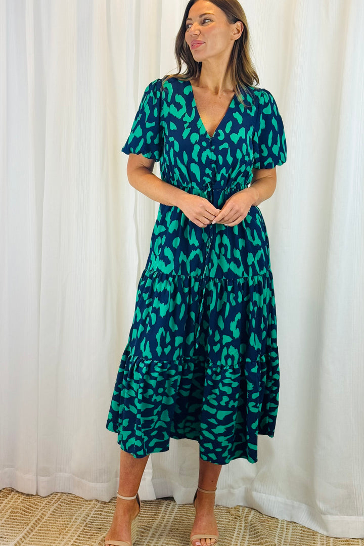 Molli Green and Navy Tiger Print Short Sleeve Dress