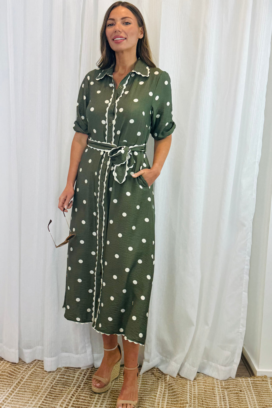 Shyla Polka Dot Dress in Khaki