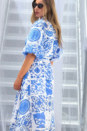 Leah Shirt Dress in Blue and White Print