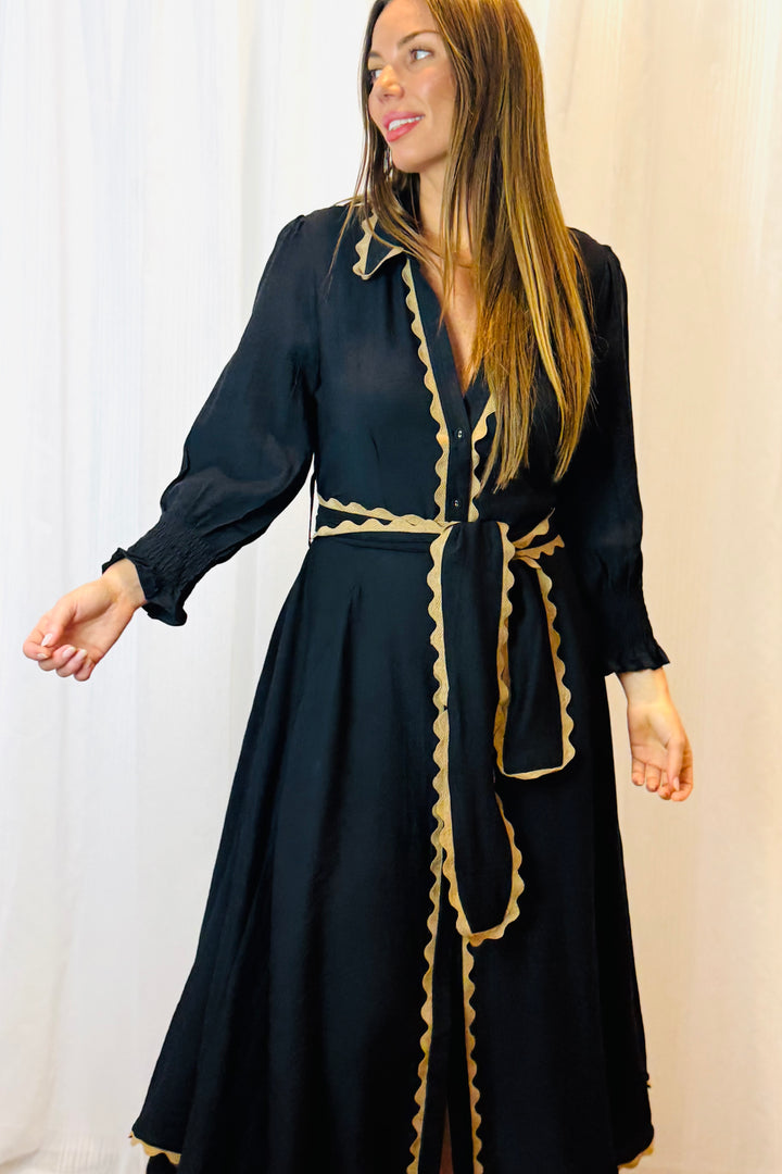 Shyla Midi Dress In Black With Tan Detail