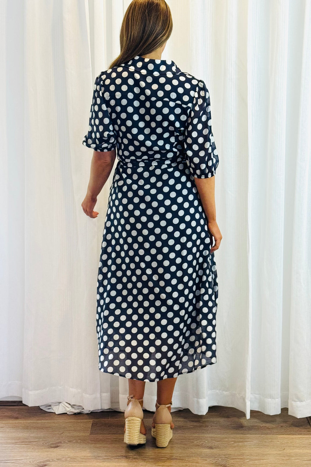 navy polka dot shirt dress Linen Sleeveless Polk-A-Dot Maxi Shirt Dress - Navy Blue