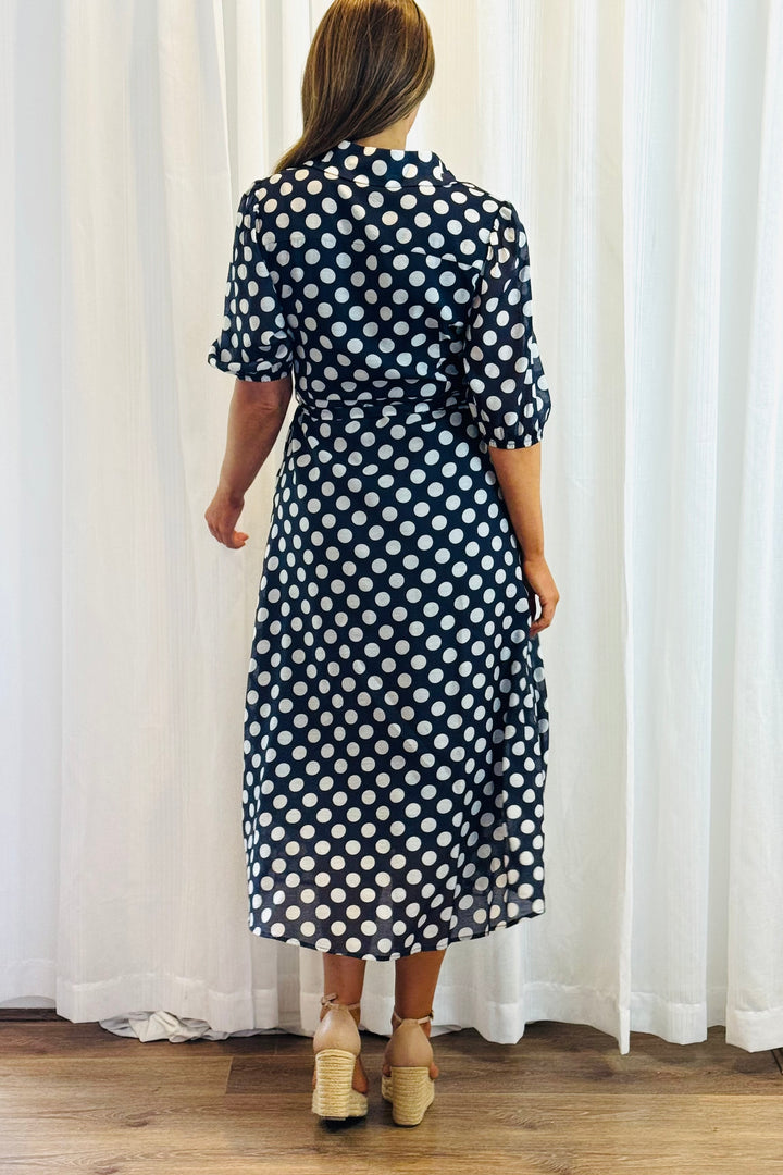 Fallon Shirt Dress In Navy and White Polka Dot-New Print