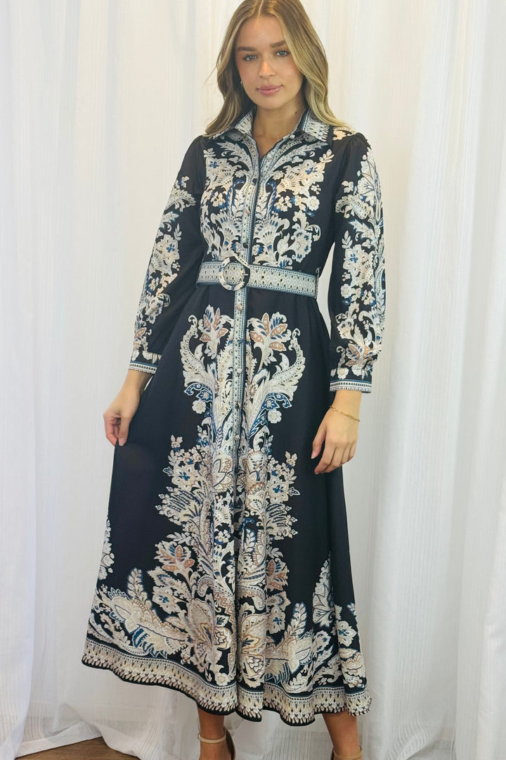 Lopez Embroidered Print Maxi Dress in Black