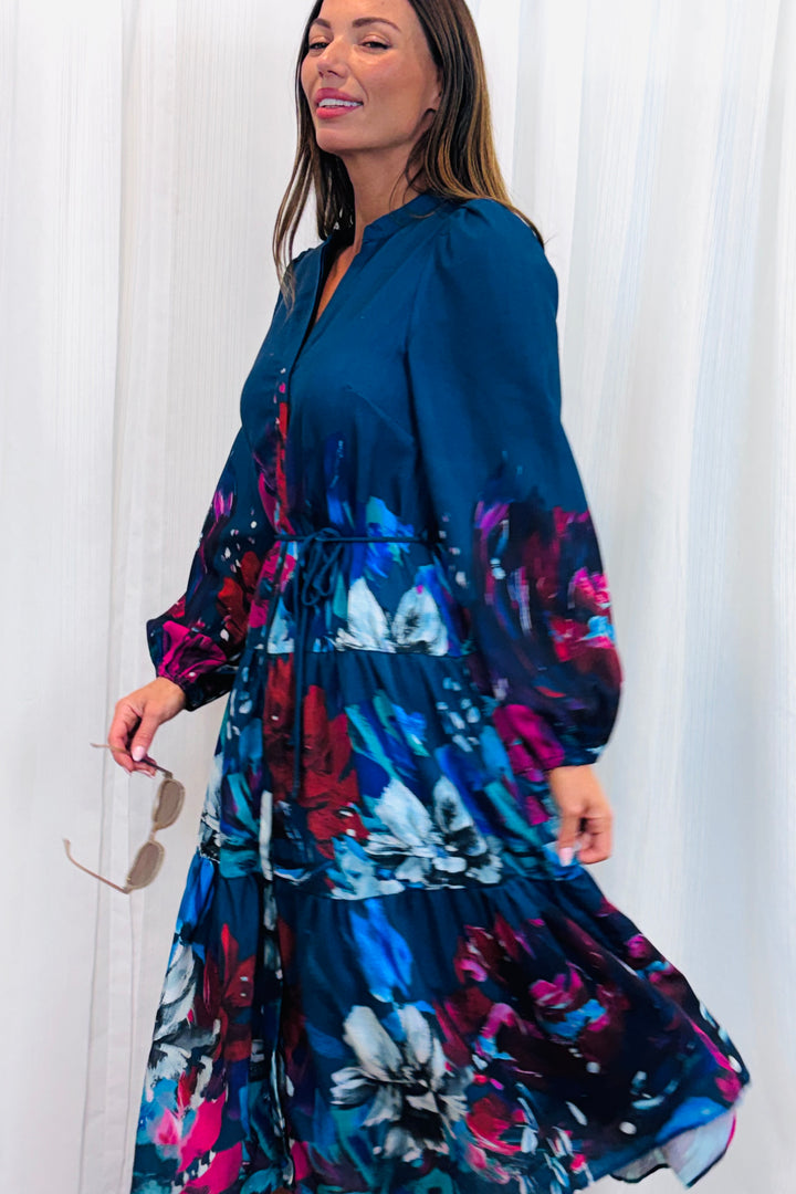 Messina Navy Multi Print Midi Dress
