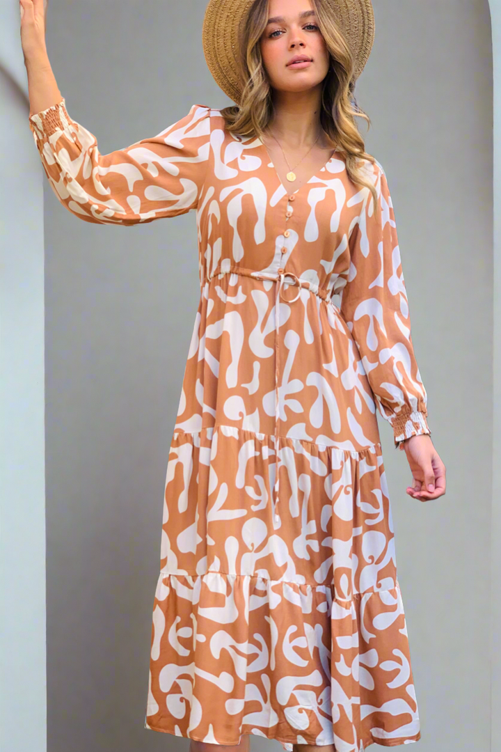 Isabella Midi Dress in Tan Print