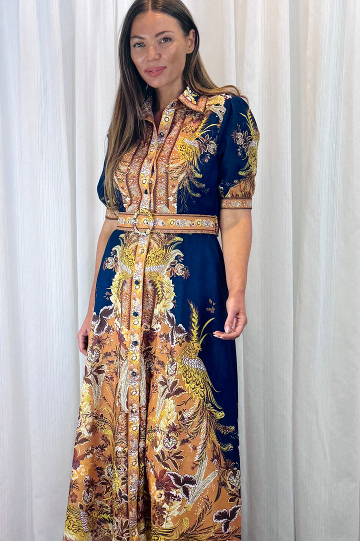 Marilyn Embroidered Print Maxi Dress in Navy.
