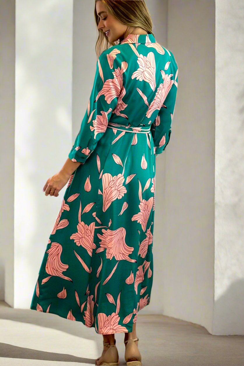 Martina Green and Pink Print Midi Dress