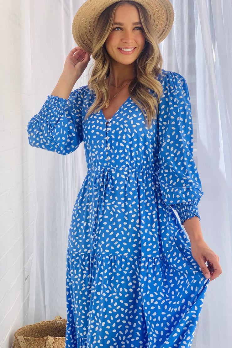 Cooper Drawstring Midi Dress   In Powder blue and White Print
