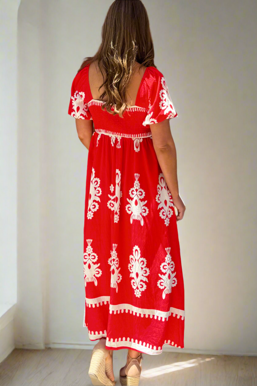 Bonnie Embroidered Print Dress in Red