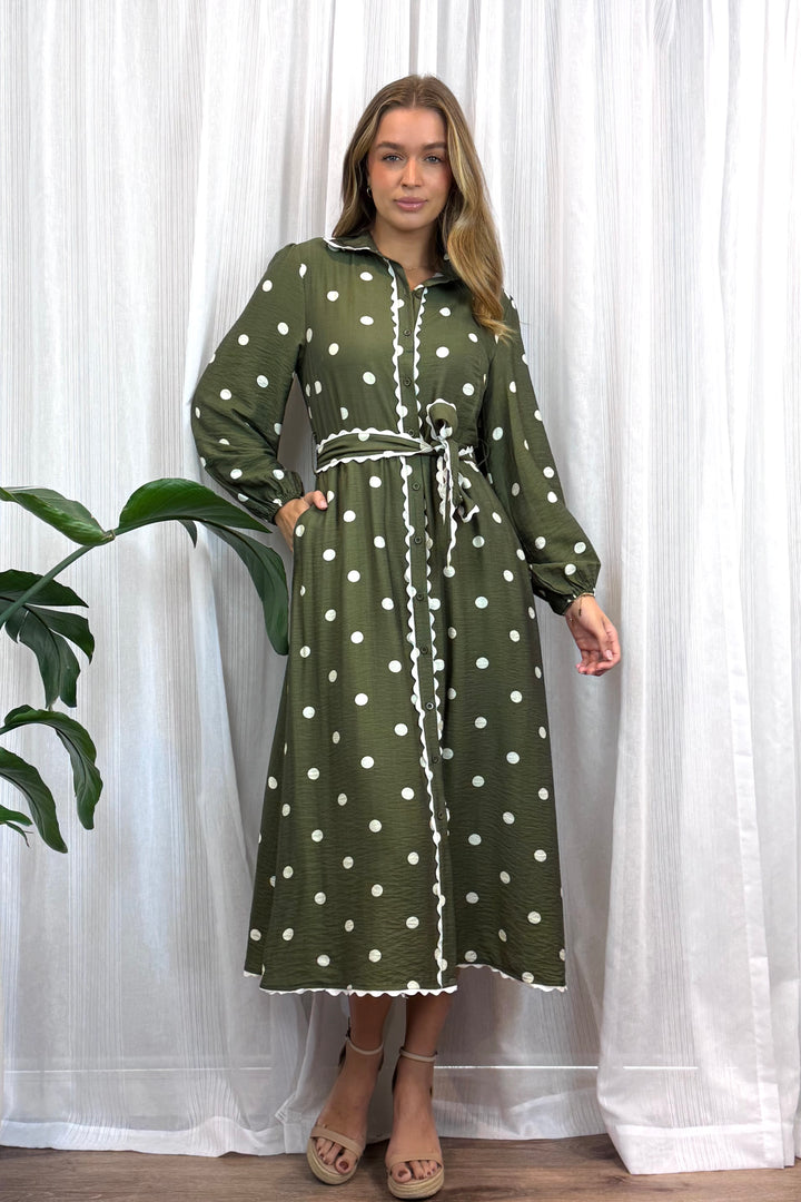 Shyla Long Sleeve Polka Dot Dress In Khaki