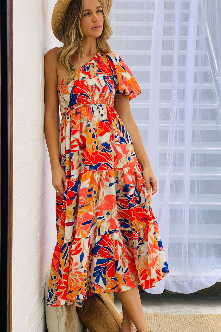 Priscilla One Shoulder Midi Dress in Orange Multi Print