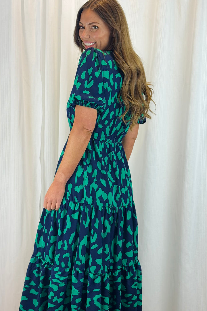 Molli Green and Navy Tiger Print Short Sleeve Dress