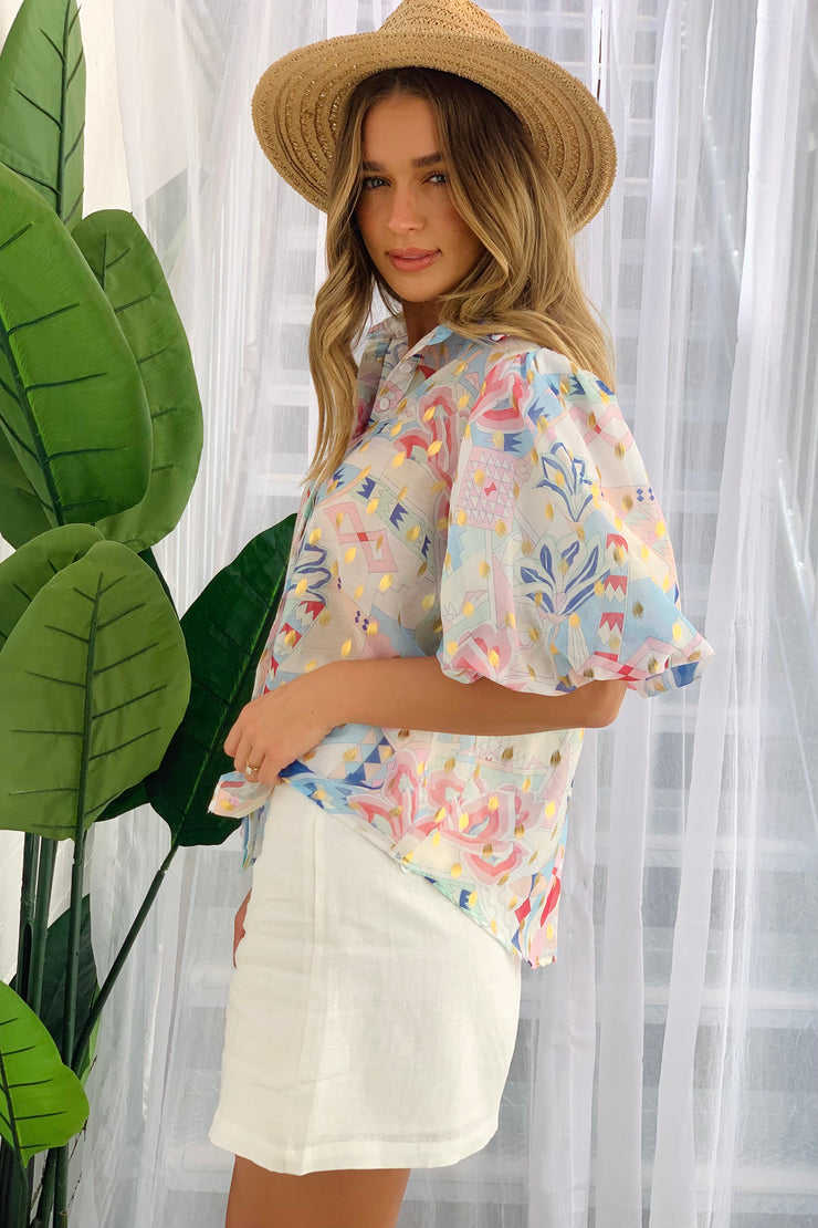 Lucy Short Sleeve Top in  Ice Blue and Pink Print