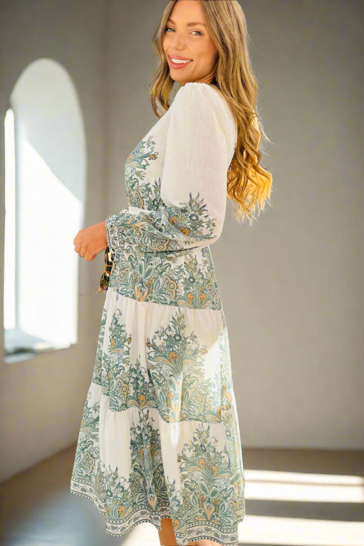 Vivienne Cream And Olive Multi Print Dress