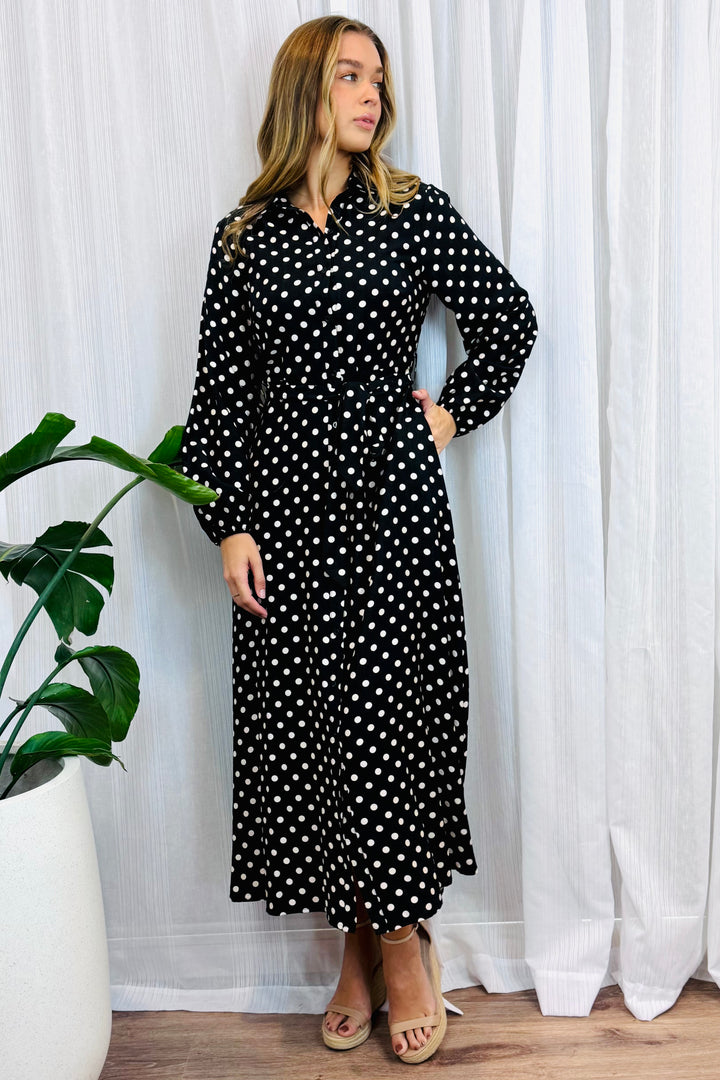 Tamika Polka Dot Dress in Black Long Sleeve