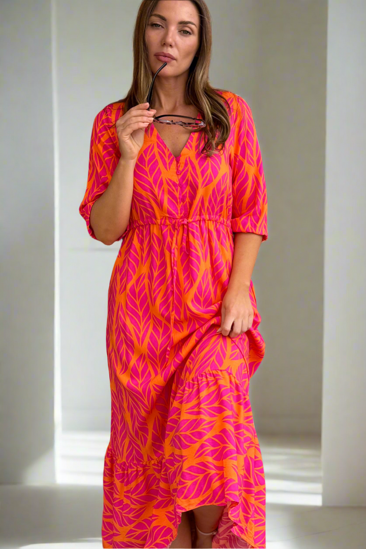 Beth Orange and Pink Multi Print Midi Dress