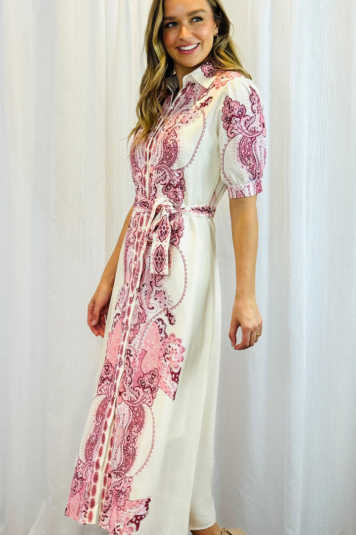 Eden Off White Dress With Pink Embroidered Print
