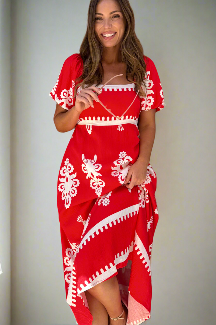 Bonnie Embroidered Print Dress in Red